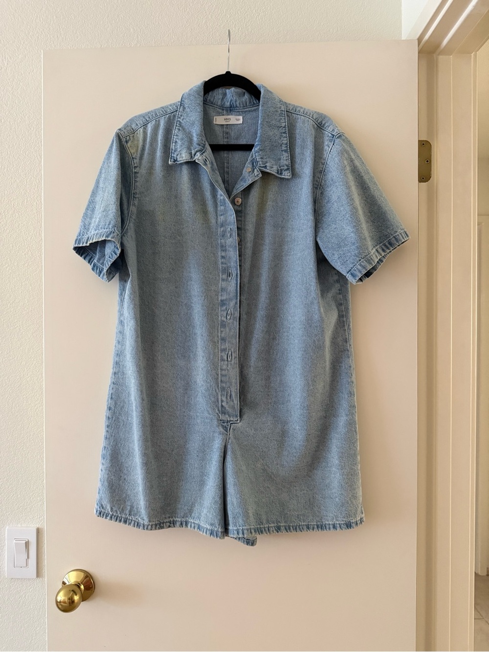 Mango Light Blue Short-Sleeve Denim Button Romper L